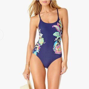 Anne Cole Paisley Pom Lace up Back One Piece Bathing Suit